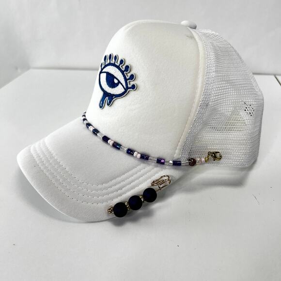 Evil Eye Trucker Hat with Jewels NWT White/Blue
